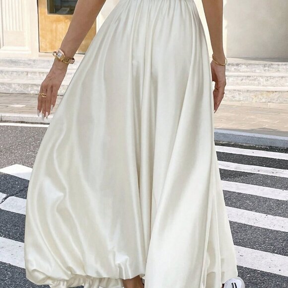 Beige Casual Women's Satin Pleated Bubble Long Skirt - Picture 6 of 13